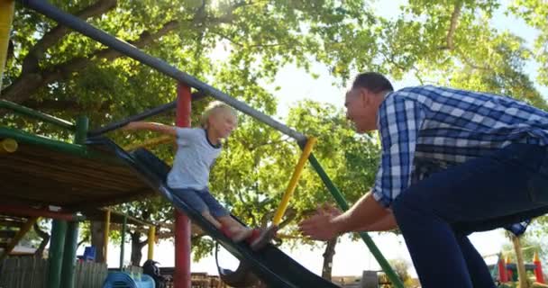 Far och son spelar i lekparken — Stockvideo
