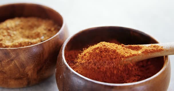 Cinnamon powder and red chili powder in bowl — Stock Video