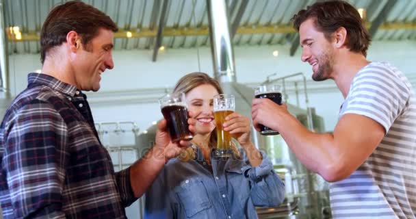 Пивовары пьют пиво на пивоварне — стоковое видео