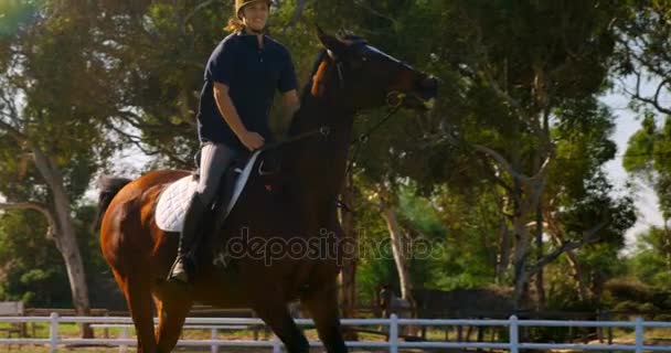 Женщина верхом на лошади на ранчо — стоковое видео