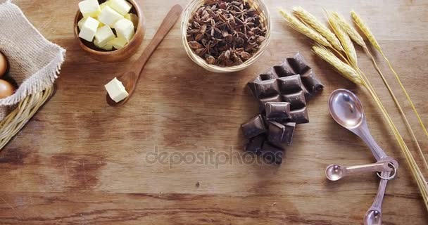 Various ingredients on a wooden table — Stock Video