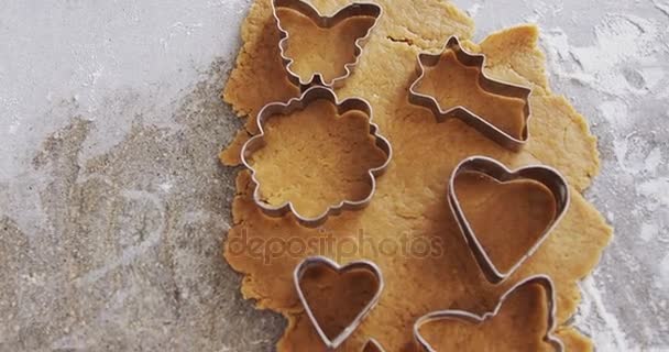 Masa de pan de jengibre con harina y cortador de galletas — Vídeo de stock