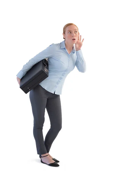 Empresaria con maletín escuchando chismes —  Fotos de Stock