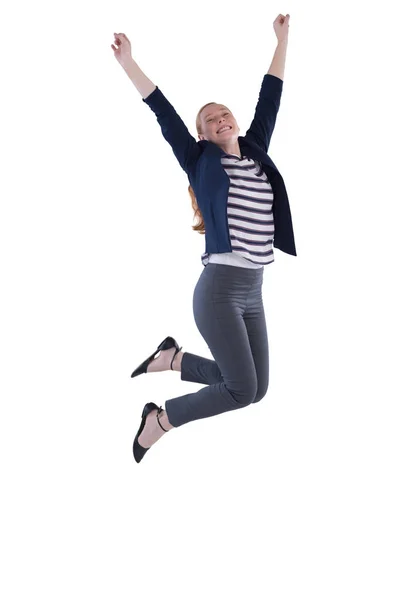 Empresaria saltando con los brazos en alto — Foto de Stock