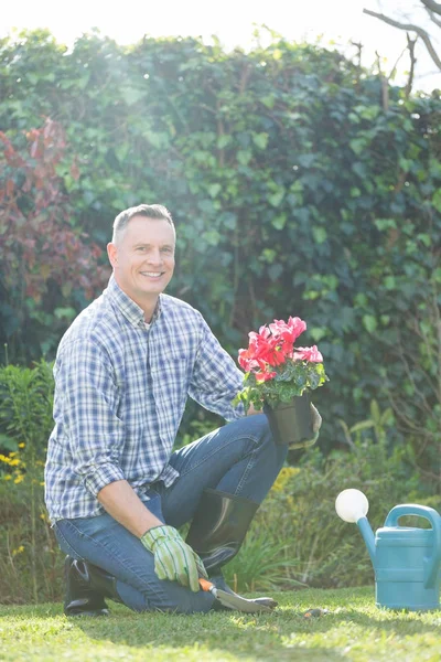 Hombre sosteniendo planta de hierba en el jardín — Foto de Stock