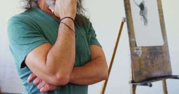 Вчителька малювання стоїть з схрещеними руками — стокове відео