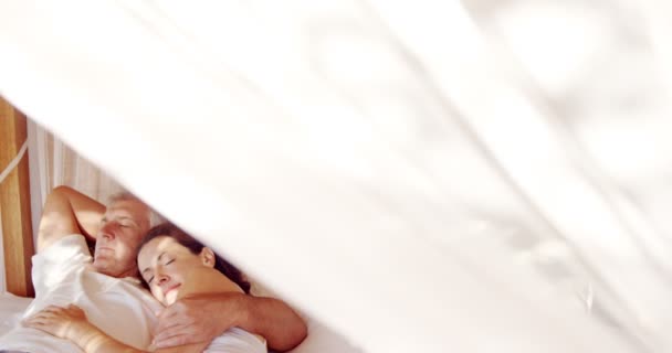 Пара спит на кровати с балдахином — стоковое видео