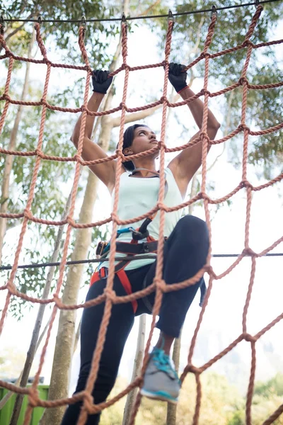 Determined woman climbing net — Stock Photo, Image