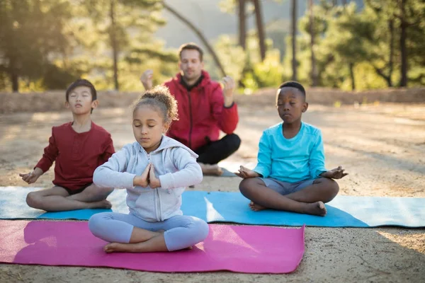 Тренер и дети медитируют в парке — стоковое фото