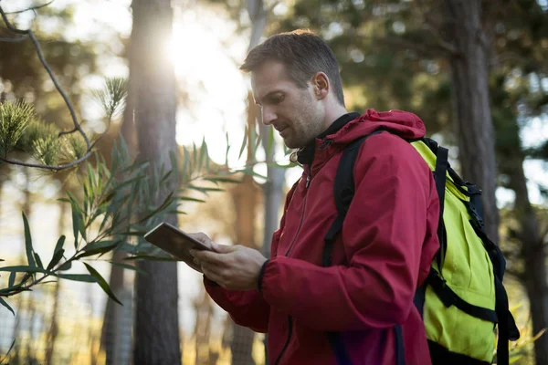 Homme utilisant une tablette numérique dans la forêt — Photo