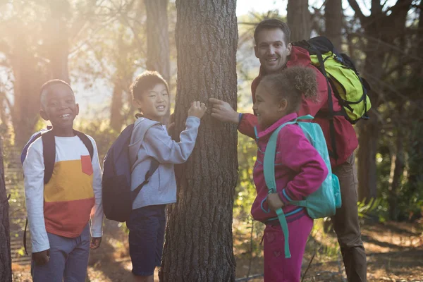 Teacher and kids examining tree trunk — Stock Photo, Image