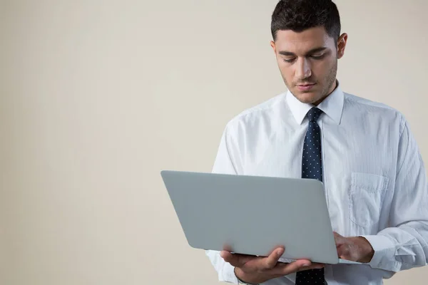 Executivo usando laptop contra branco — Fotografia de Stock