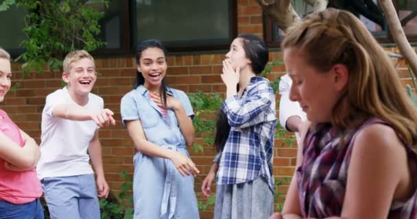 Amigos da escola bullying uma menina triste — Vídeo de Stock