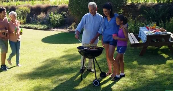 Happy Family Having Beer While Preparing Barbecue Park — Stock Video