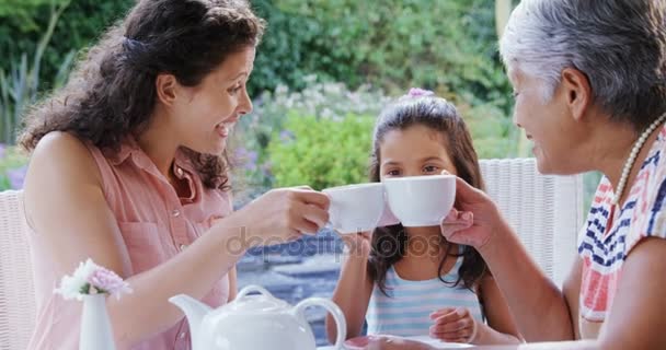 娘とおばあちゃんがお茶のカップを乾杯 — ストック動画