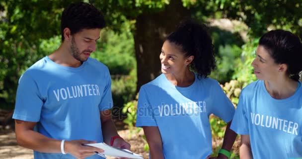 Εθελοντές Που Συζητάμε Άλλο Στο Πάρκο Μια Ηλιόλουστη Ημέρα — Αρχείο Βίντεο