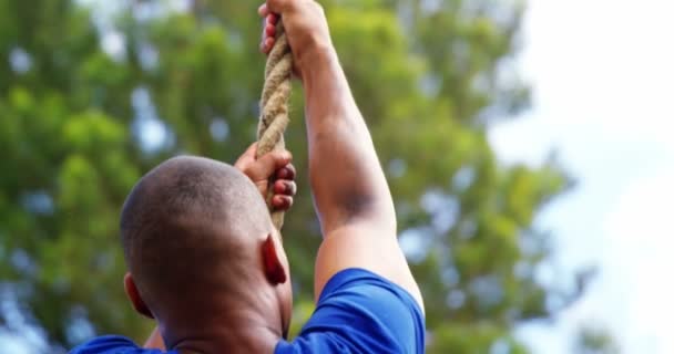 Fit man climbing up the rope — Stock Video