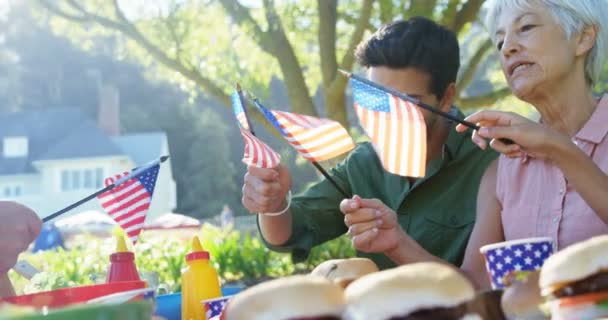 Família Segurando Bandeiras Americanas Durante Refeição Parque Dia Ensolarado — Vídeo de Stock