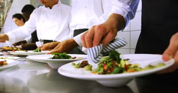 Chefs garnishing meal — Stock Video