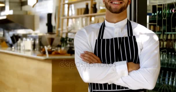 Portrait Smiling Waiter Standing Arms Crossed Cafe — Stock Video