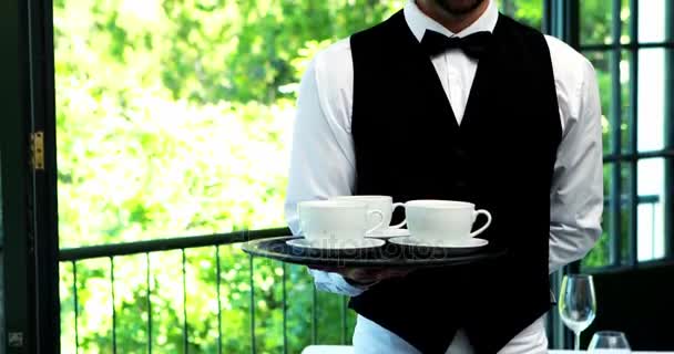 Waiter holding tray with coffee — Stock Video