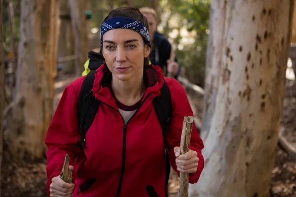 Femme randonneuse marchant en forêt — Photo