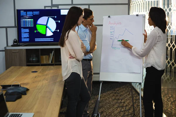 Vrouwelijke uitvoerend presentatie geven aan haar collega 's — Stockfoto