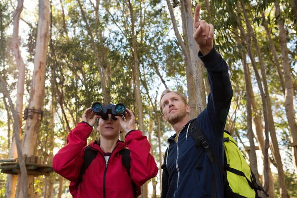Man pointing out while woman using binoculars — Stock Photo, Image