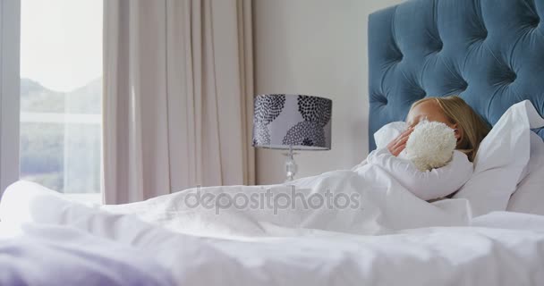 Girl Stretching Her Arms While Waking Bedroom Home — Stock Video