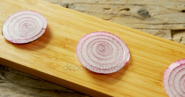 High Angle View Sliced Onions Arranged Wooden Board — Stock Video