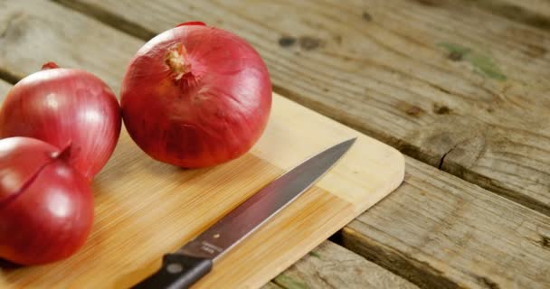 Gros Plan Des Oignons Couteau Cuisine Sur Planche Découper — Video