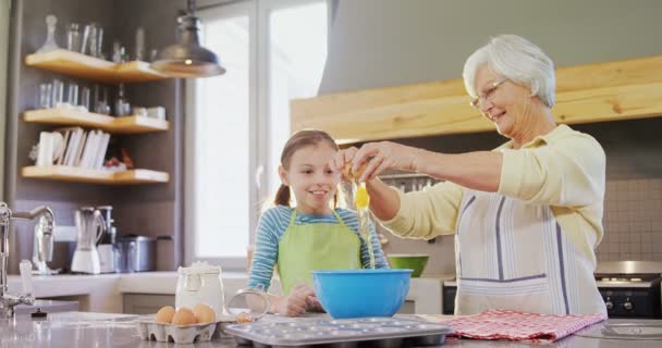 Grandmother Breaking Egg Bowl Little Girl Watching Kitchen — Stock Video