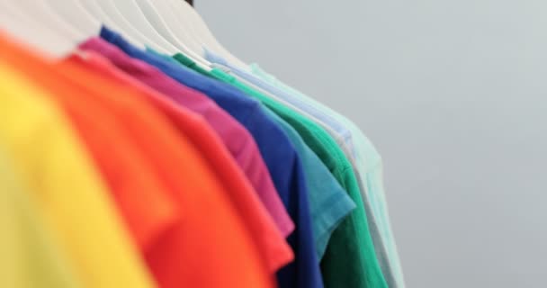 Gros Plan Différents Shirts Disposés Rang Sur Étagère Tissu — Video