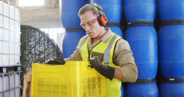 Arbeiter Legt Geerntete Oliven Maschine Fabrik — Stockvideo