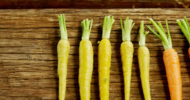 Vue Grand Angle Des Carottes Disposées Sur Table Bois — Video