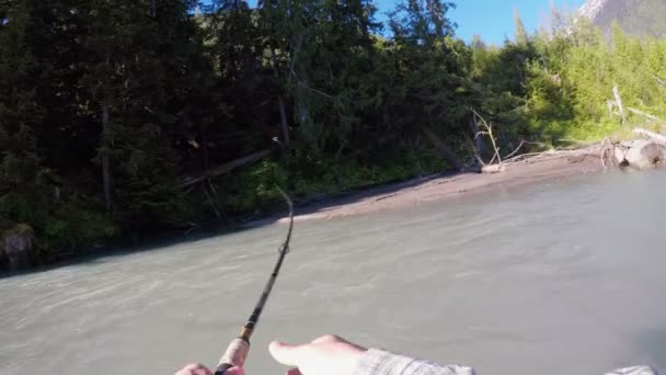 Человек Летит Рыбачить Реку Солнечный День — стоковое видео