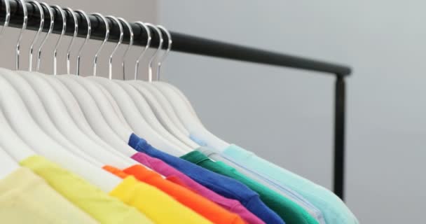 Close Various Shirts Arranged Row Cloth Rack — Stock Video