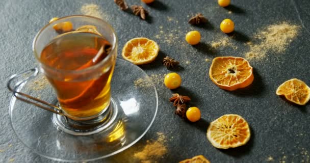 Close Herbal Tea Dried Orange Gooseberries Star Anise — Stock Video