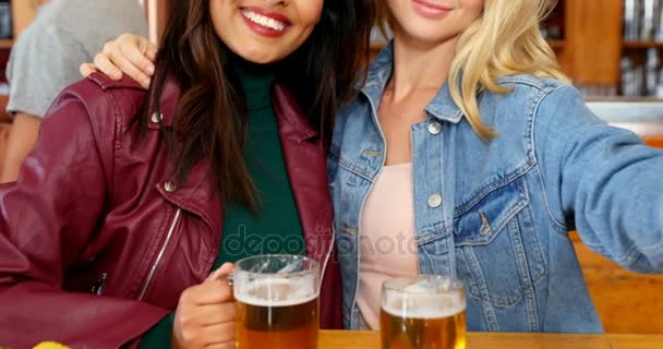 Happy Friends Taking Selfie Mobile Phone While Having Beer — Stock Video