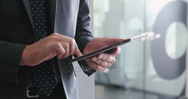 Smiling Businessman Using Digital Tablet Office — Stock Video