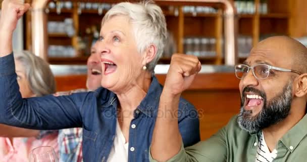 Emocionados Amigos Animando Mientras Toman Una Copa Bar — Vídeos de Stock