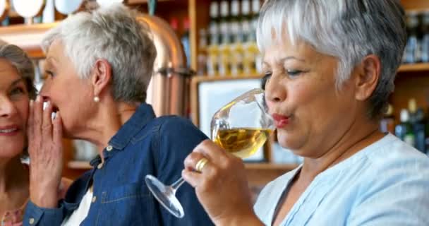 Kulakta Görürken Onun Arkadaş Bar Şarap Fısıldayan Kıdemli — Stok video