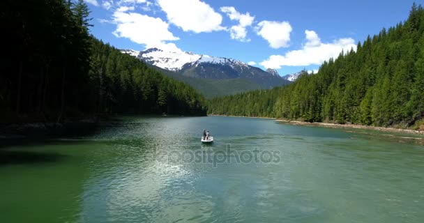 Aerial View Two Men Fishing River While Sailing Boat Sunny — Stock Video