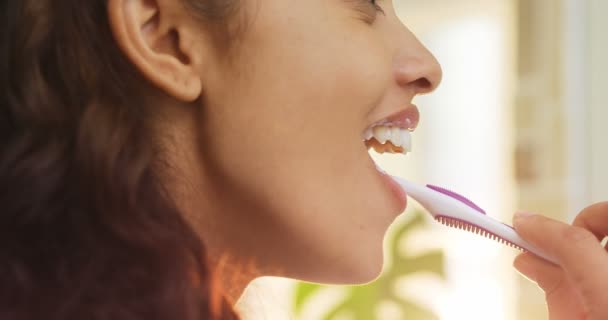 Genç Kadının Dişlerini Fırçalama Diş Fırçası Ile Yakın Çekim — Stok video