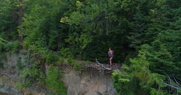 女性徒步旅行者的空中站在悬崖上的森林4K — 图库视频影像