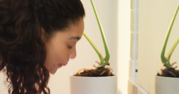 Boldog Fiatal Megmosva Arcát Ellenőrzés Magát Fürdőszobában Tükör — Stock videók