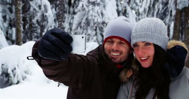 Casal Romântico Tomando Com Telefone Celular Durante Inverno — Vídeo de Stock