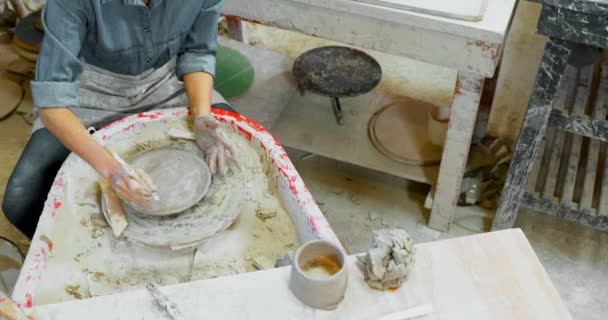 Hoge Hoekmening Van Vrouwelijke Potter Molding Plaat Met Handgereedschap — Stockvideo
