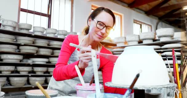 Tazón Decoración Alfarero Femenino Taller Cerámica — Vídeo de stock