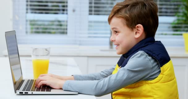 Хлопчик Використовує Ноутбук Кухні Вдома — стокове відео